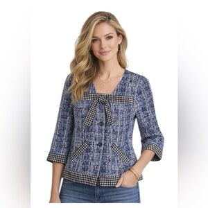 Cabi Blue Tweed Knit Jacket with Black and White Accents
